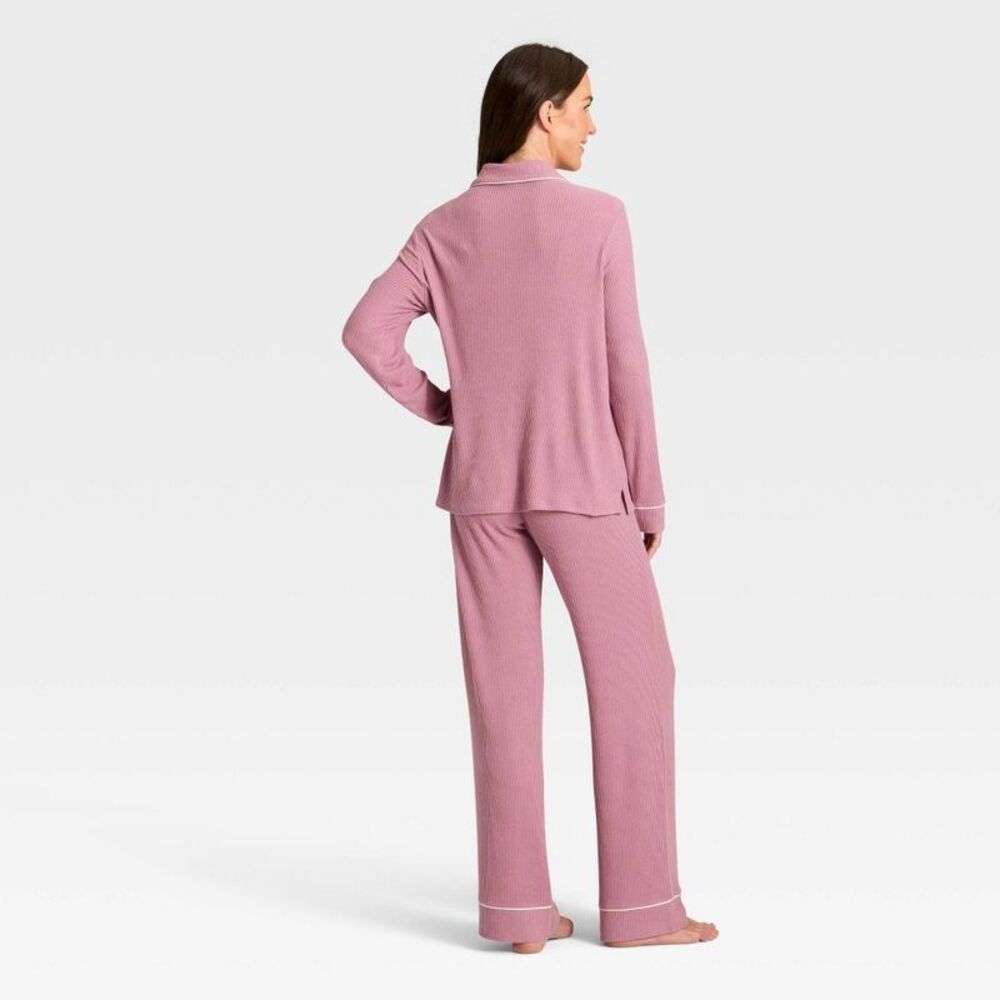 Women's Cozy Ribbed Notch Collar Long Sleeve Pajama Set Pink XS - Picture 2 of 4